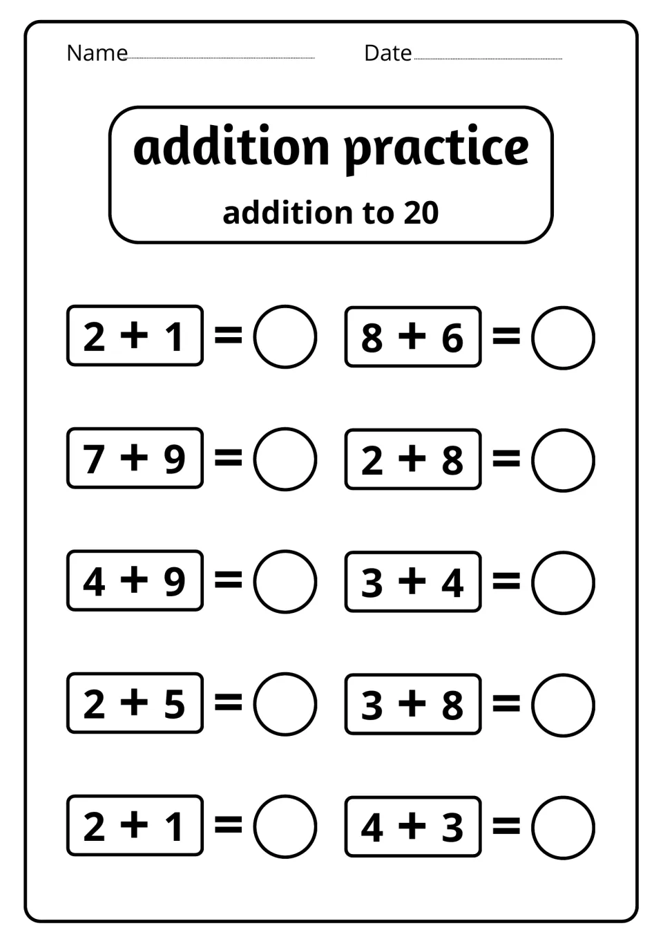 Addition fact practice to 20: students write the total for 10 facts, among them 7 + 9, 4 + 9, 8 + 6, 3 + 8 and 2 + 1 twice