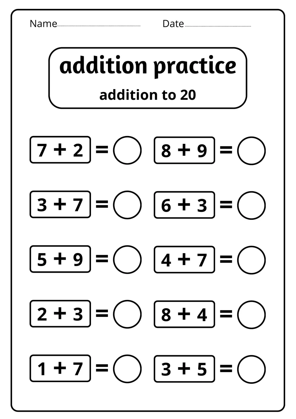 Addition to 20 fact page: students find sums for 10 problems such as 8 + 9, 5 + 9, 8 + 4, 3 + 7 and 1 + 7