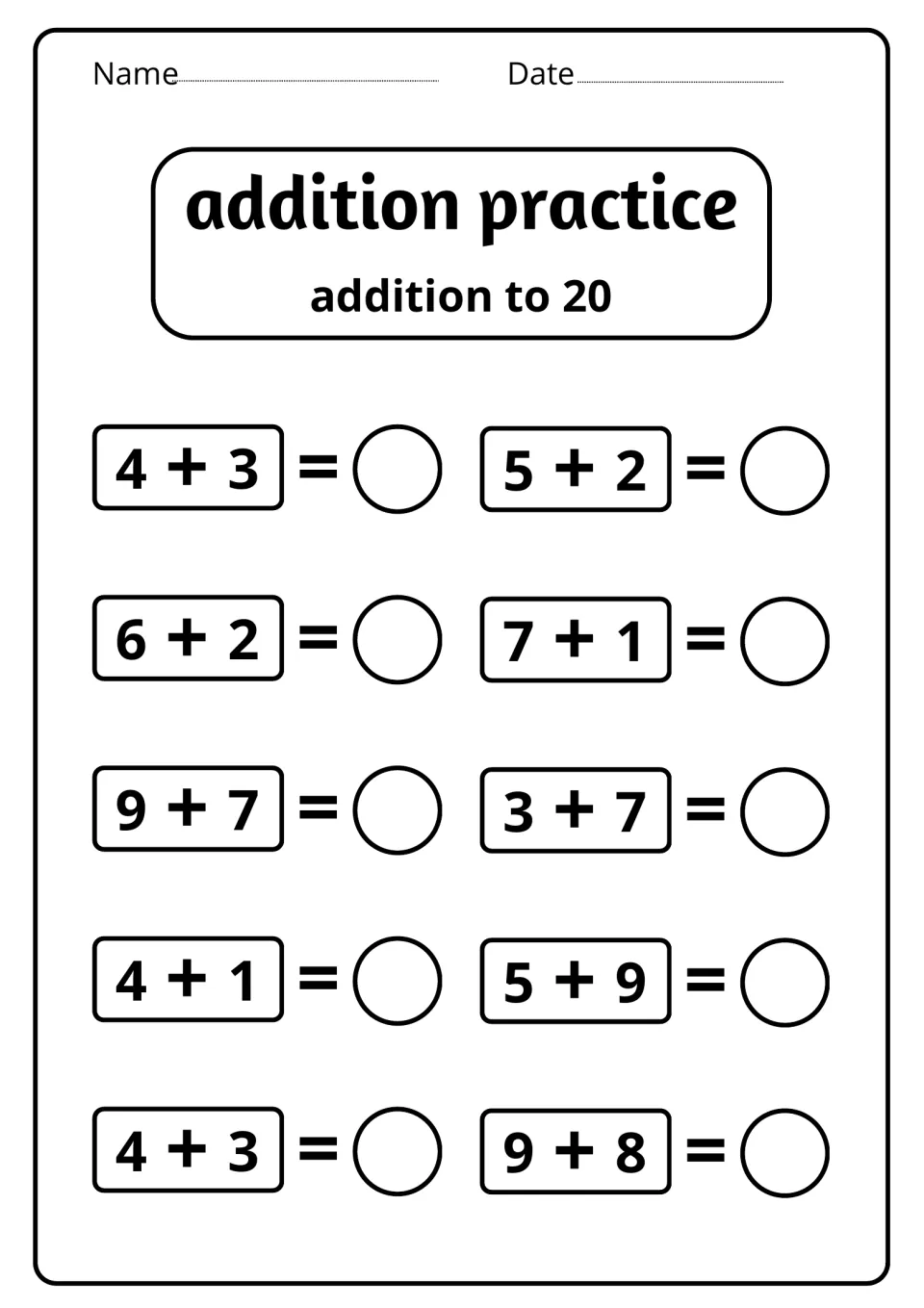 Adding within 20: students write answers to 10 facts including 9 + 8, 9 + 7, 5 + 9, 7 + 1 and 4 + 3 shown twice
