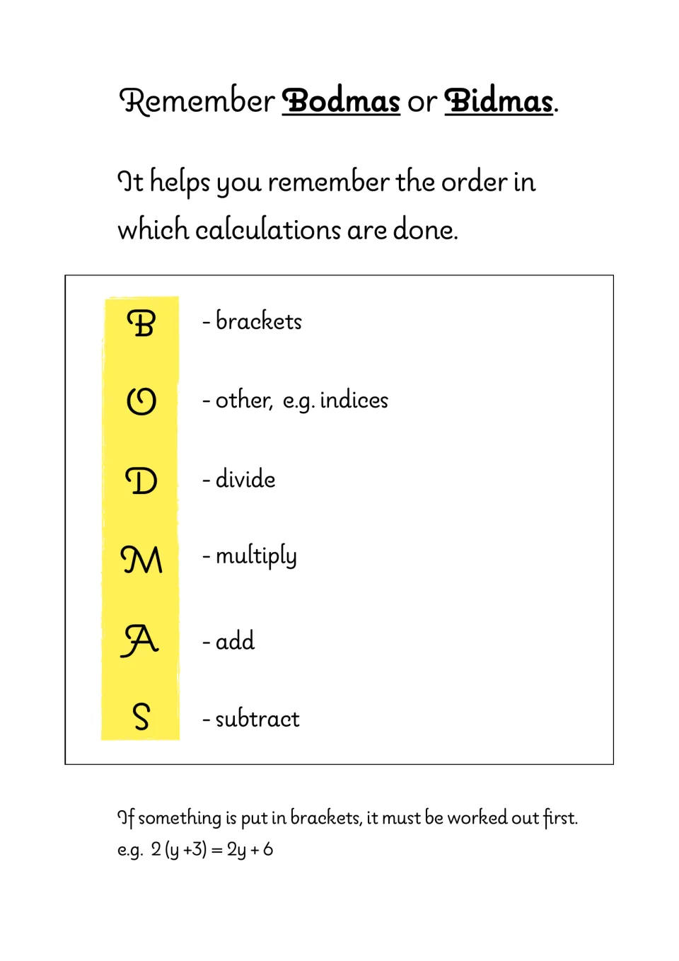 Order of operations reference: BODMAS or BIDMAS spelled out as brackets, other, divide, multiply, add and subtract