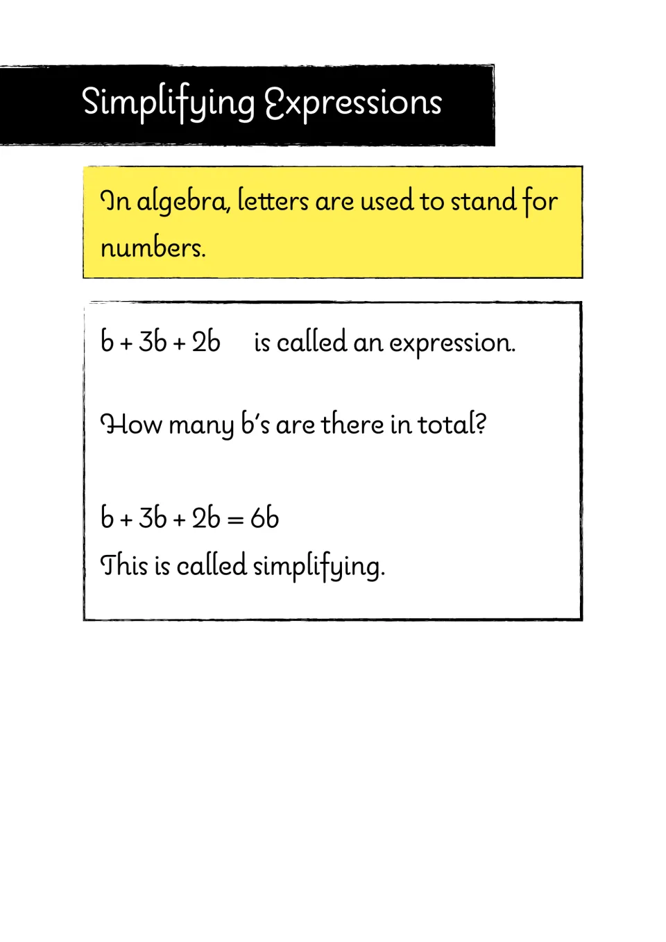Simplifying expressions intro: letters stand for numbers, and b + 3b + 2b is shown simplified to 6b by counting the b's