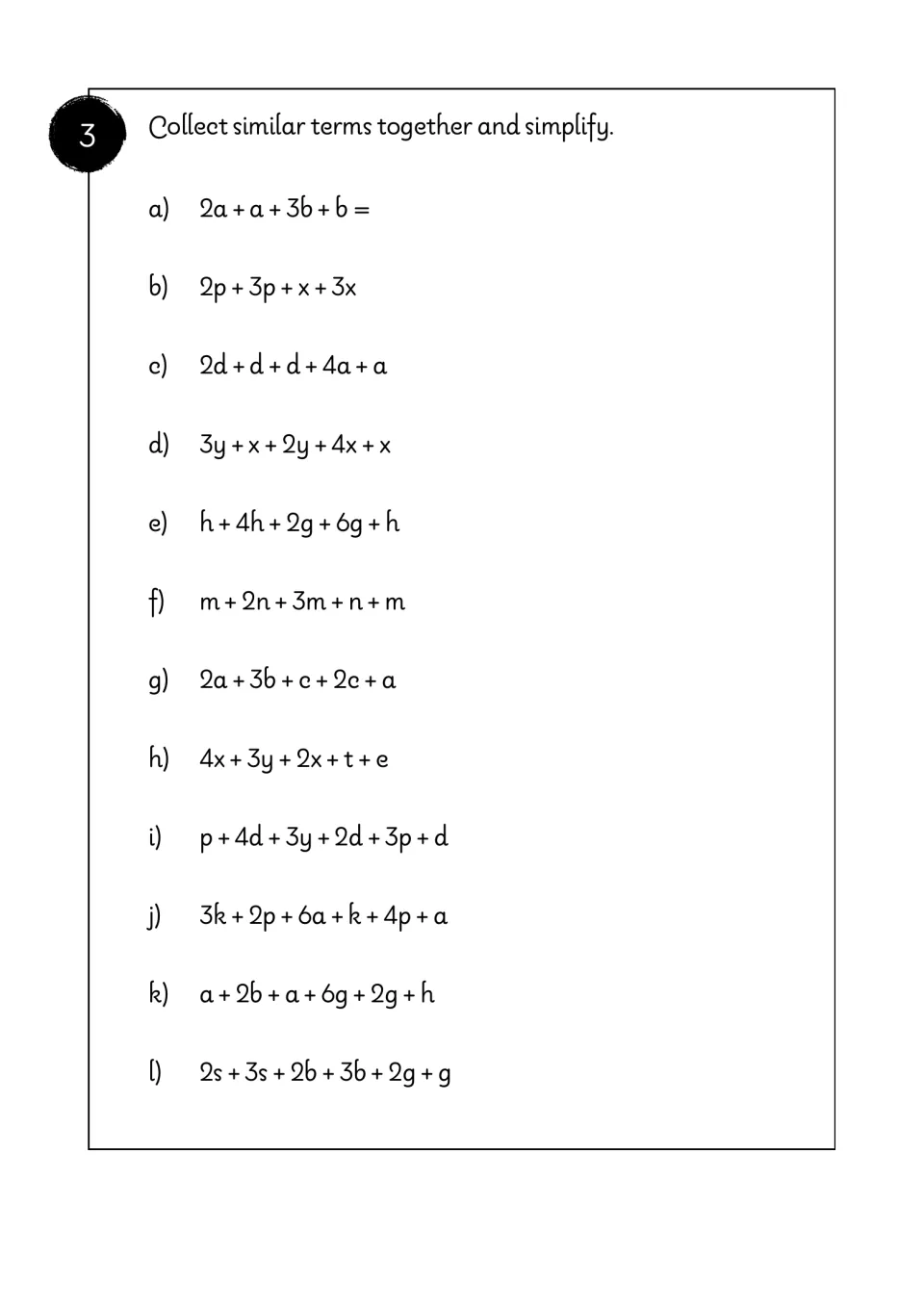 Question 3: students collect like terms with two or more letters in 12 expressions, such as 2a + a + 3b + b