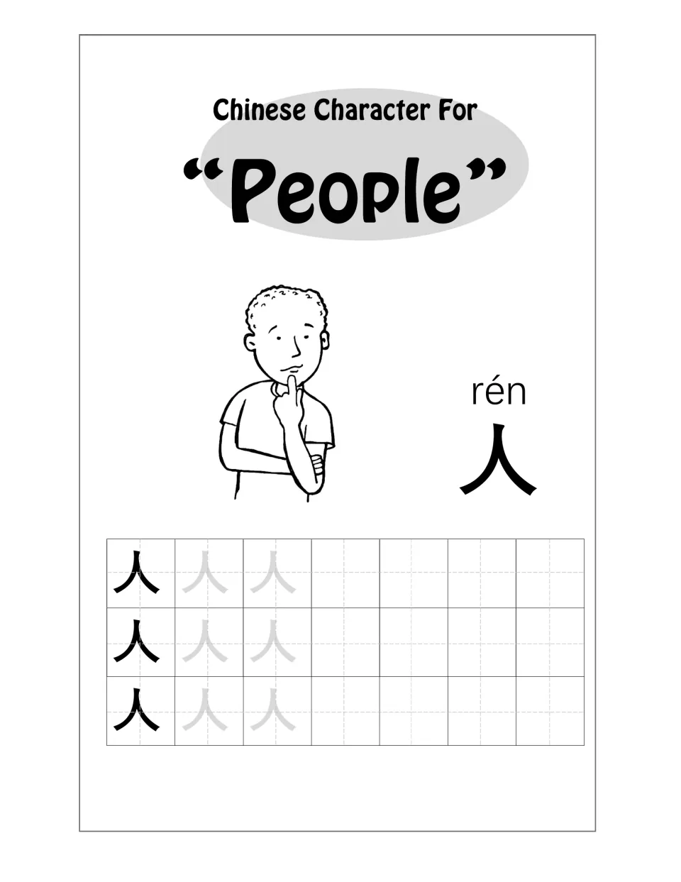 Mandarin character practice 1: 人 (people), pinyin rén, a person illustration, and tracing and writing practice.