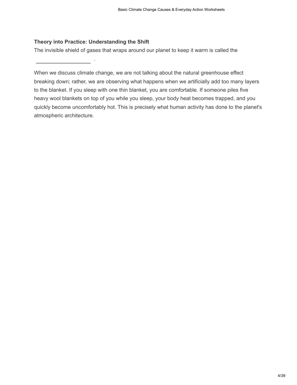 Chapter 1 practice asks students to name Earth's gas shield and explains warming through a blanket analogy.