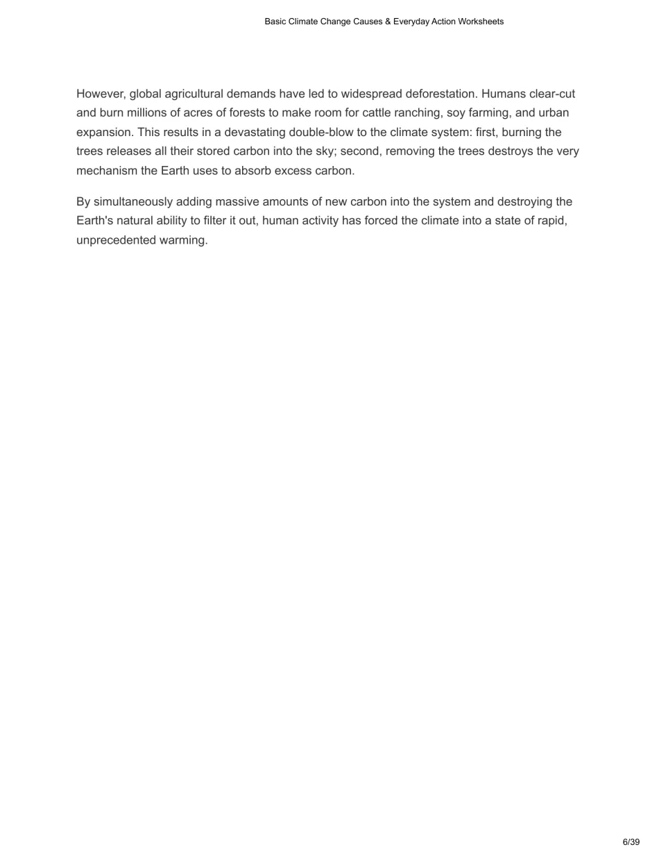 Chapter 2 continuation explains how deforestation releases stored carbon and reduces carbon absorption.