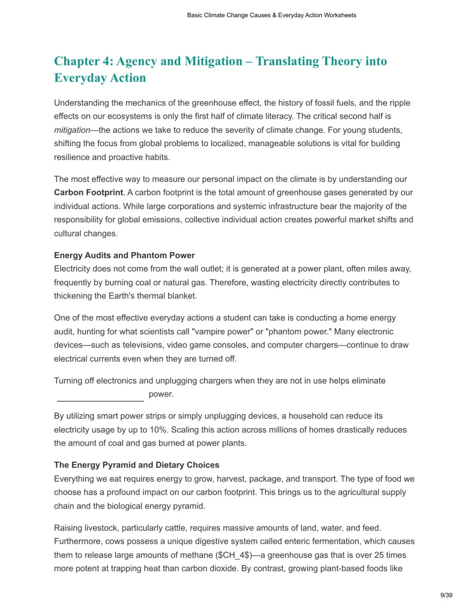 Chapter 4 introduces carbon footprints, home energy audits, phantom power, and dietary choices.