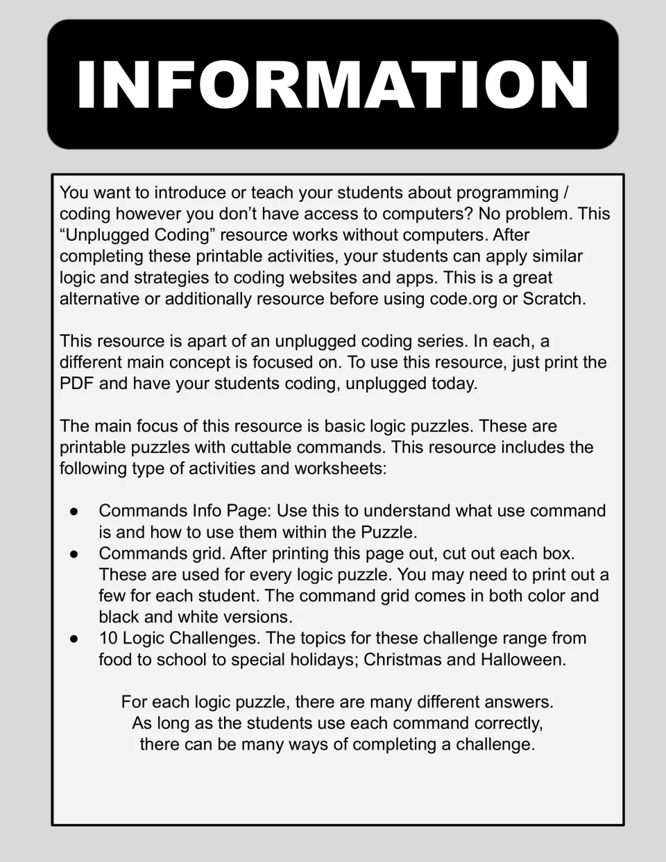Information page explaining coding without computers, the command cards to cut out and the 10 themed logic challenges