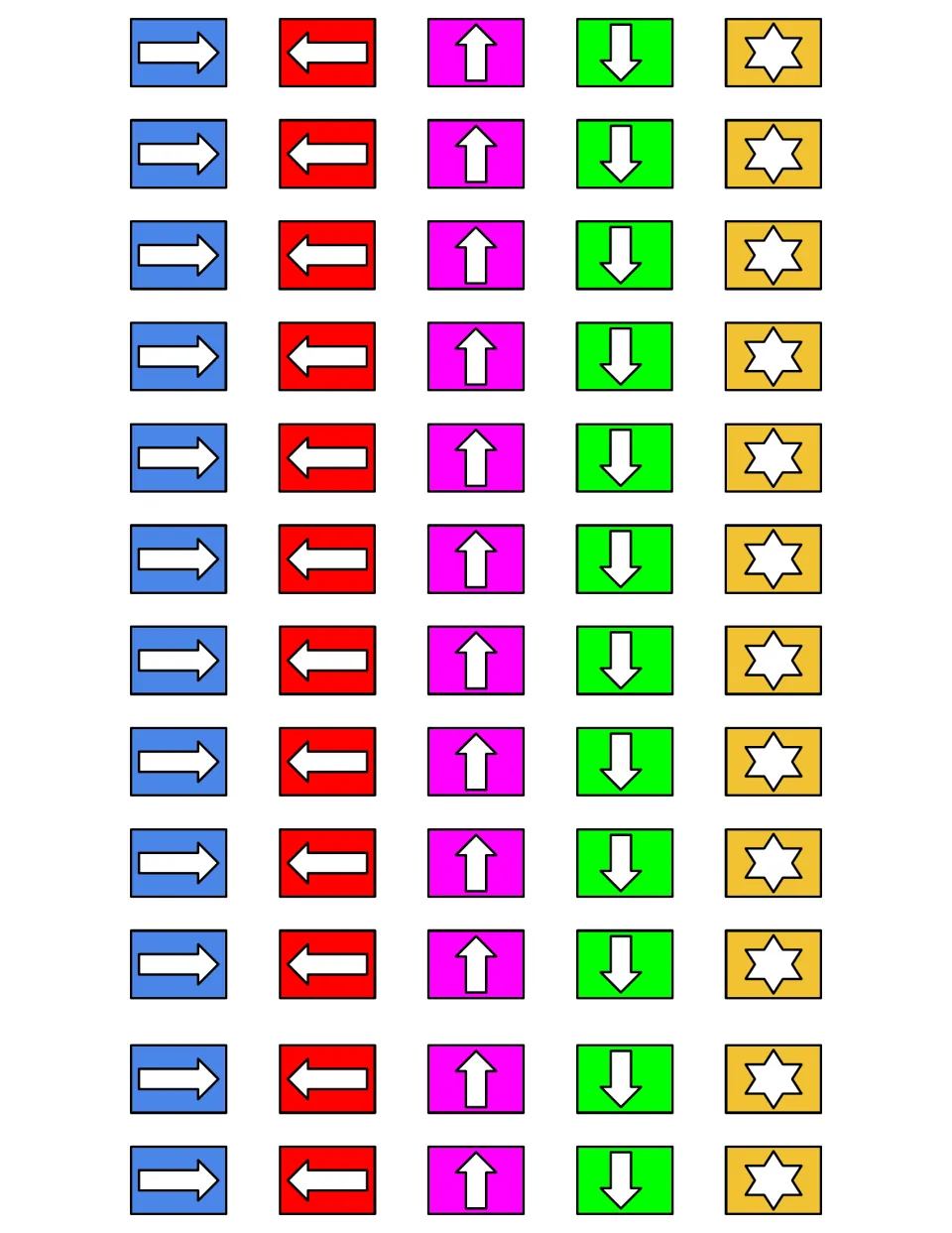 Color command cards to cut out: blue right, red left, pink up and green down arrows plus yellow pick-up stars