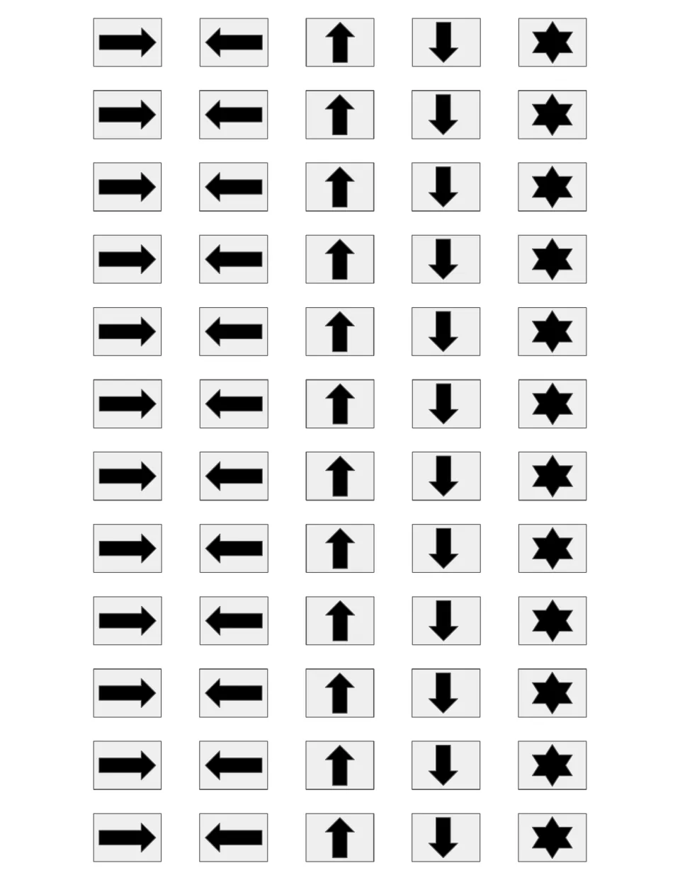 Black and white command cards to cut out: right, left, up and down arrows and star pick-up blocks, many of each
