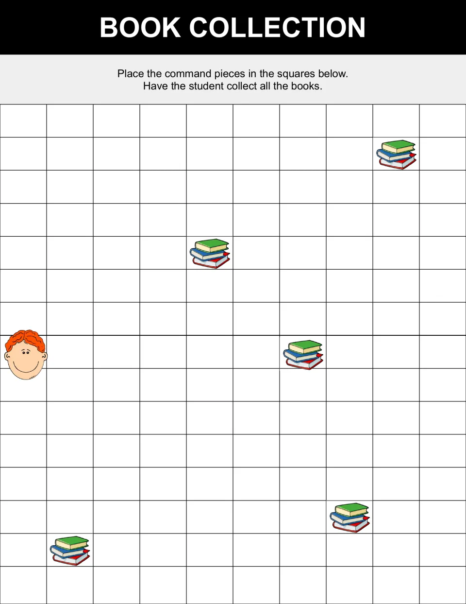 Book Collection coding puzzle: students place command pieces to move a boy so he collects five stacks of books