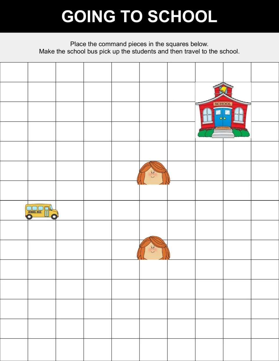 Going to School puzzle: students lay command pieces so the school bus picks up two girls and then drives to the school