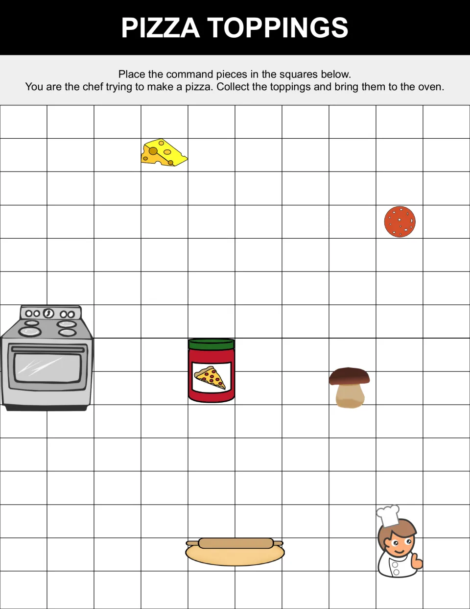 Pizza Toppings puzzle: students plan a chef's path to collect cheese, pepperoni, sauce, mushroom and dough for the oven