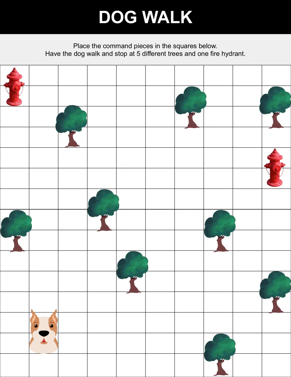 Dog Walk puzzle: students arrange command pieces so the dog stops at 5 different trees and one fire hydrant along its route