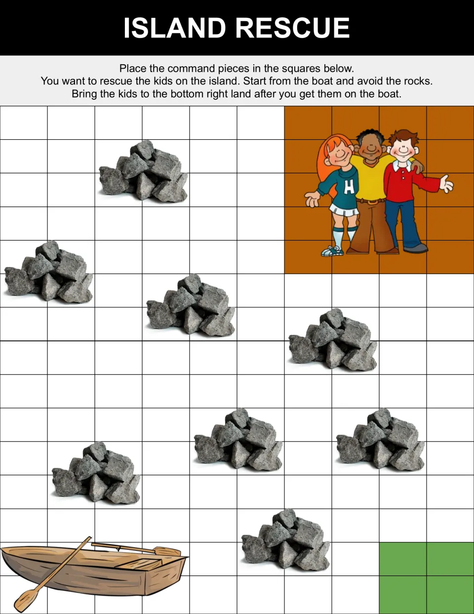 Island Rescue puzzle: students code a boat route around rocks to pick up three kids on the island and bring them to land
