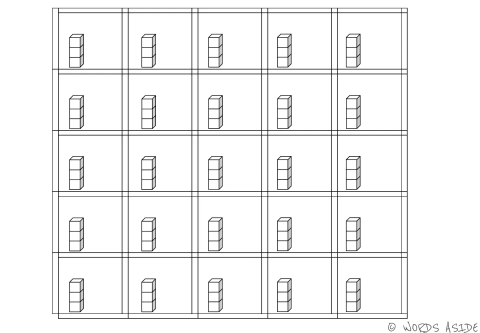 Quantity 3 math manipulative cards: 25 identical cards, each showing a stack of three cubes for counting