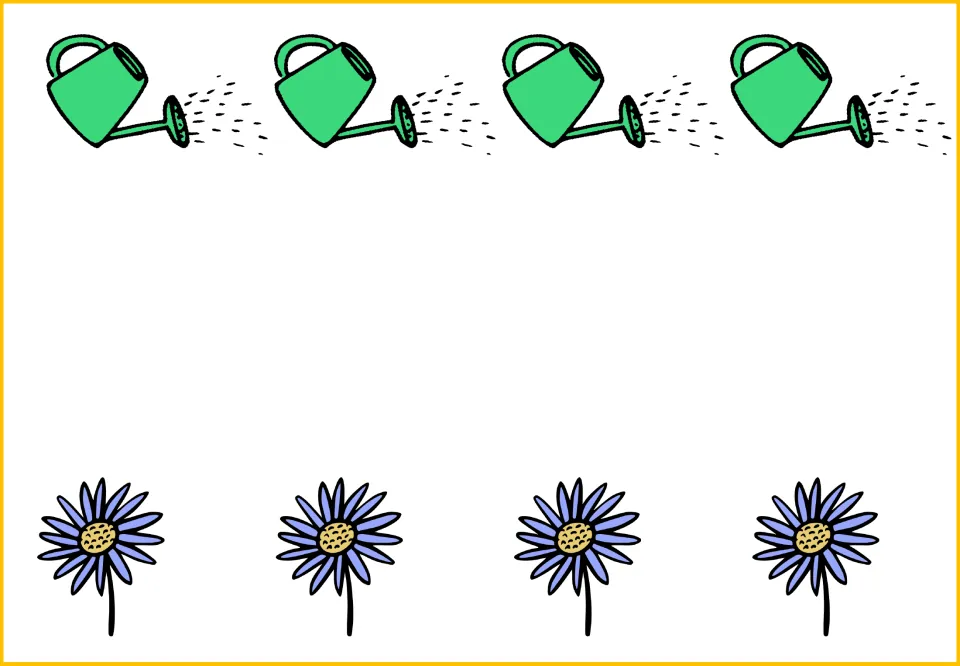 Counting and comparison mat showing four green watering cans above four purple flowers in equal groups
