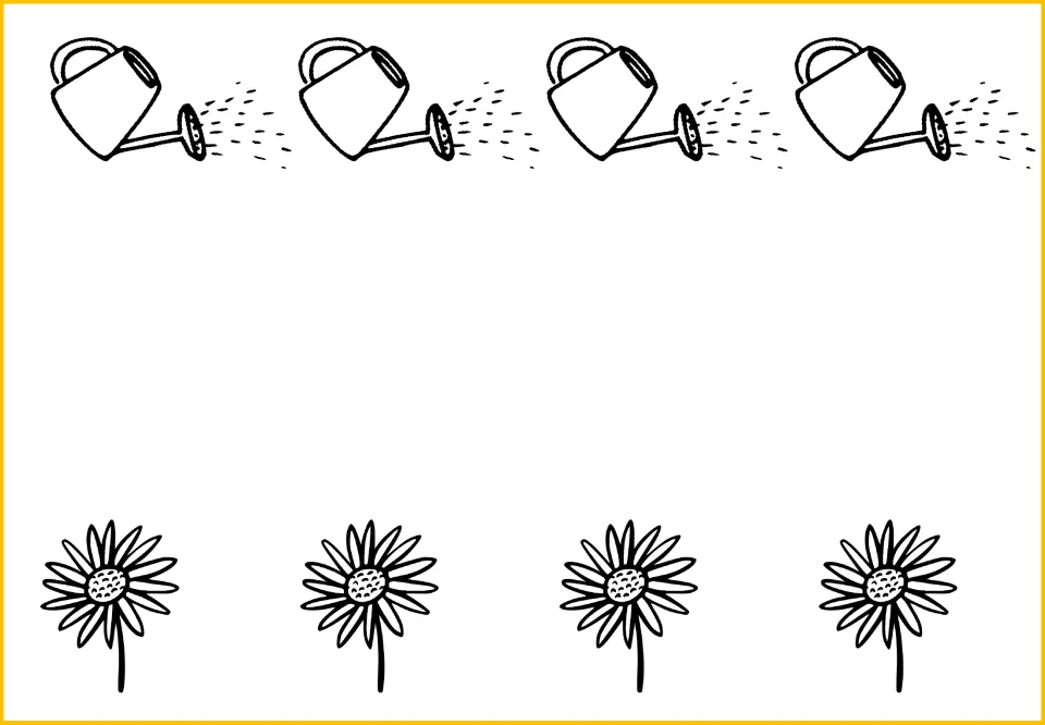 Counting and comparison mat showing four uncolored watering cans above four uncolored flowers