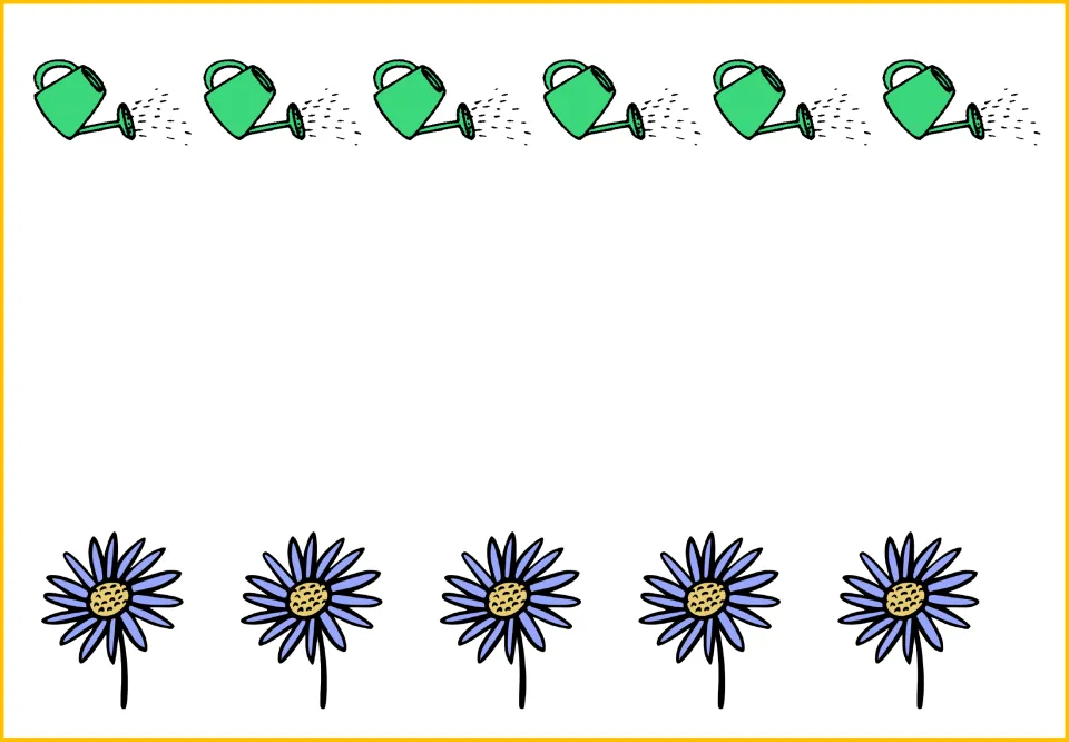 Counting and comparison mat showing six green watering cans above five purple flowers in unequal groups