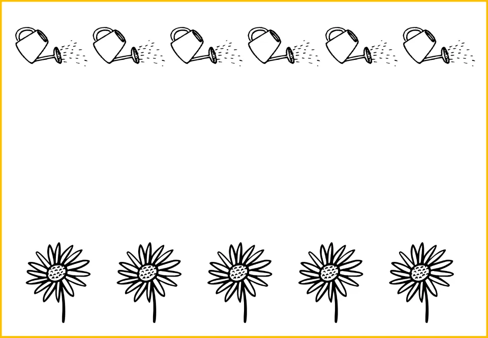 Counting and comparison mat showing six uncolored watering cans above five uncolored flowers