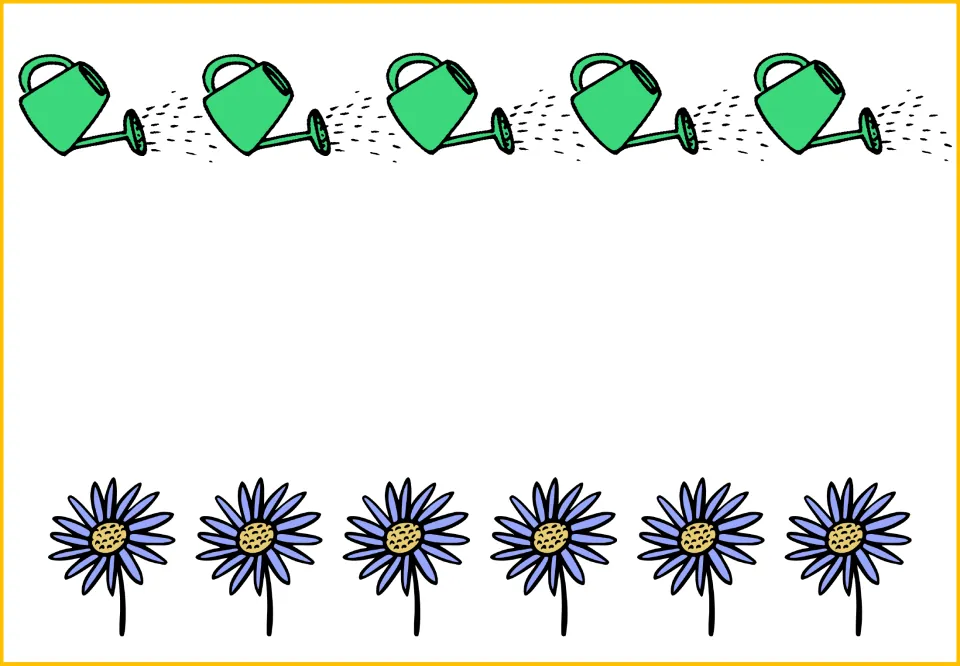 Counting and comparison mat showing five green watering cans above six purple flowers in unequal groups