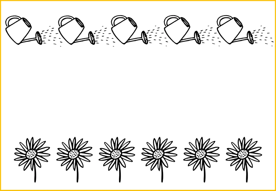 Counting and comparison mat showing five uncolored watering cans above six uncolored flowers