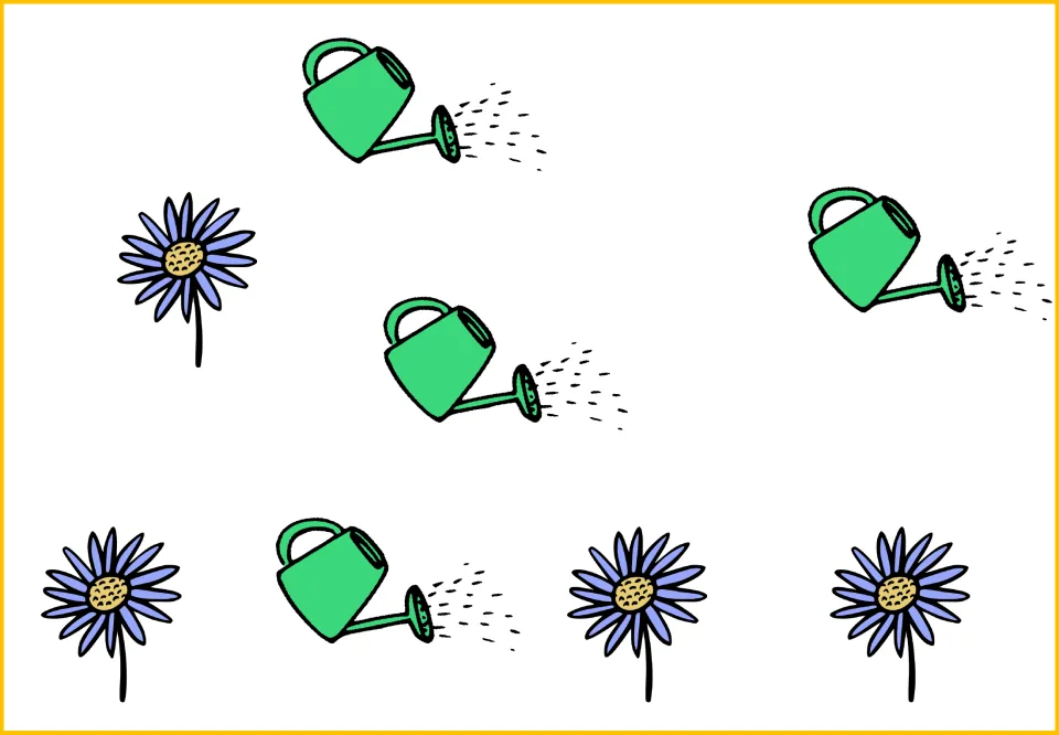 Counting and comparison mat showing four green watering cans and four purple flowers scattered across the page