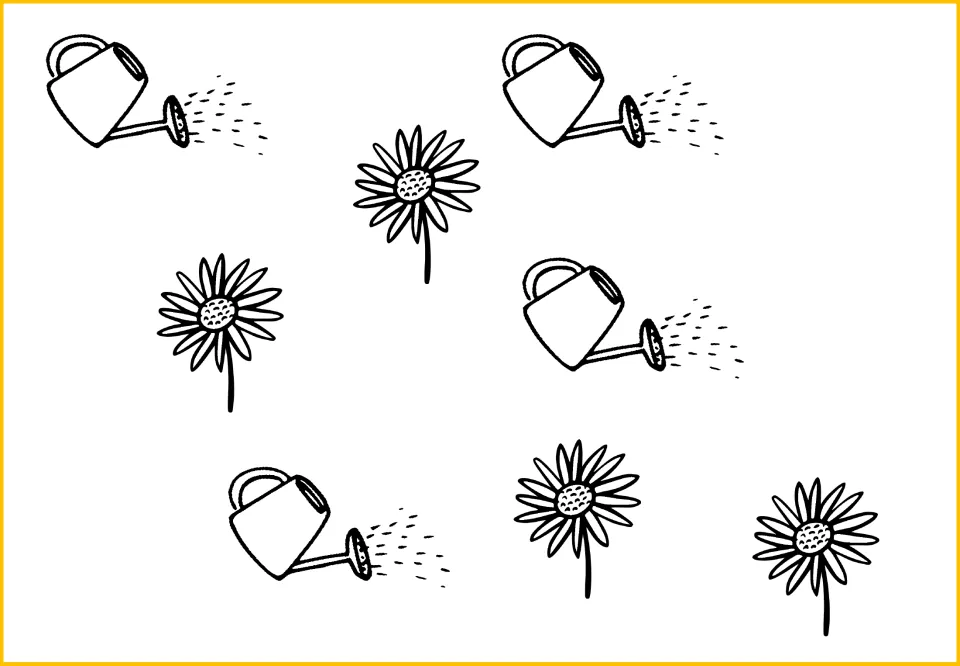 Counting and comparison mat showing four uncolored watering cans and four uncolored flowers scattered about