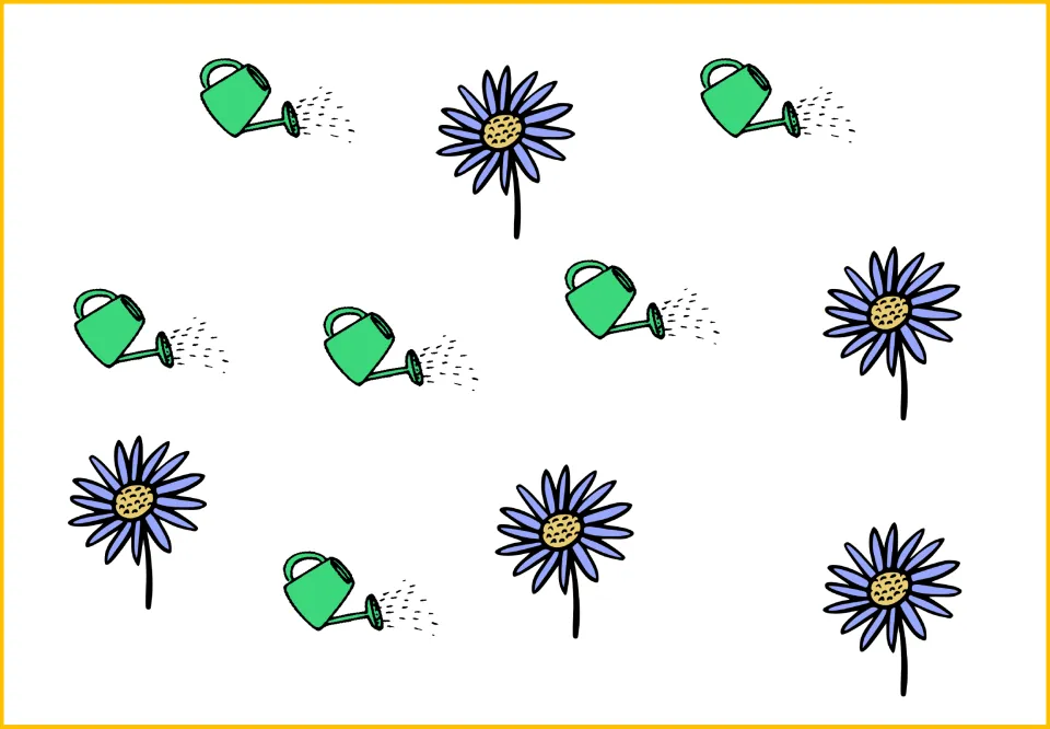 Counting and comparison mat showing six green watering cans and five purple flowers scattered across the page