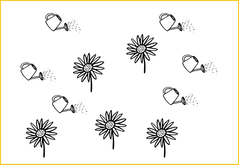 Counting and comparison mat showing six uncolored watering cans and five uncolored flowers scattered about