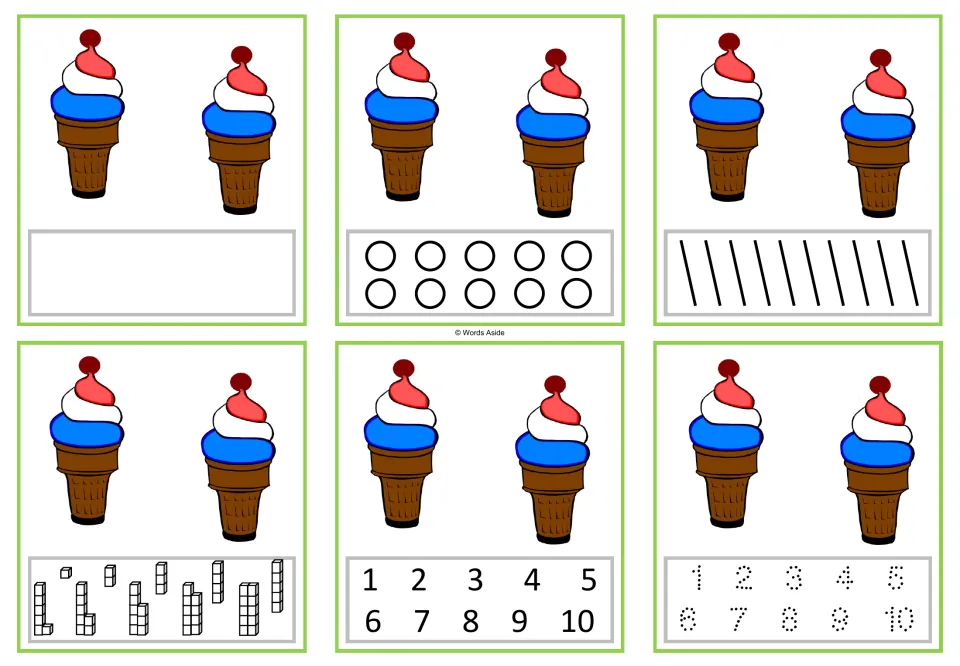 Six counting cards for 2: two ice cream cones on each, with writing, marking, cube, and numeral responses.
