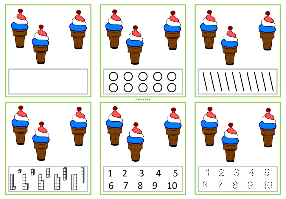 Six counting cards for 3: three ice cream cones on each, with writing, marking, cube, and numeral responses.
