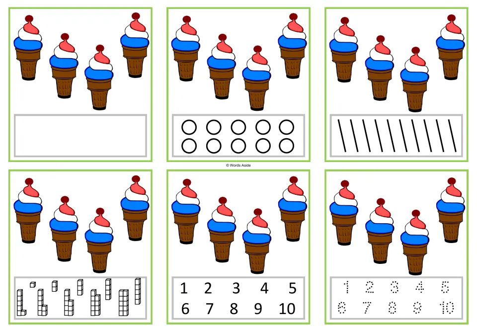 Six counting cards for 4: four ice cream cones on each, with writing, marking, cube, and numeral responses.