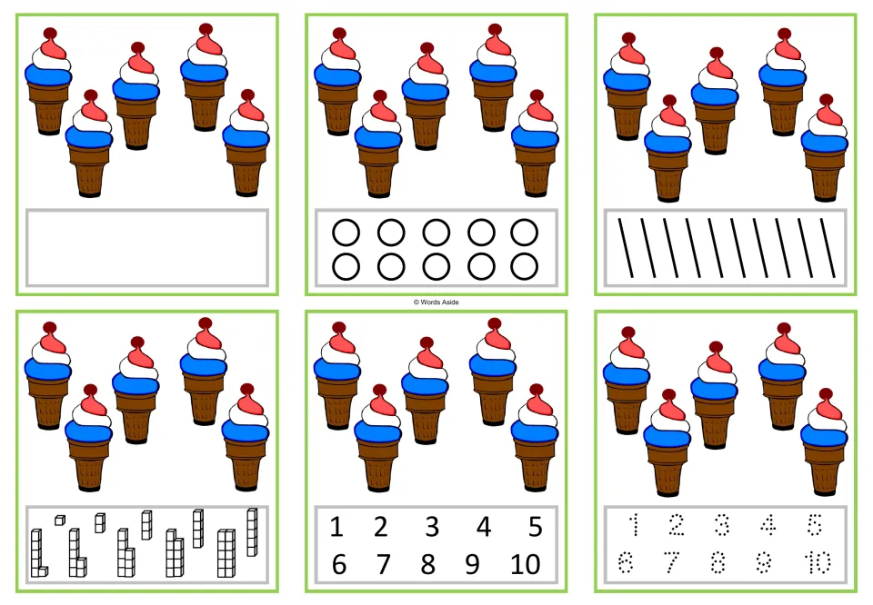 Six counting cards for 5: five ice cream cones on each, with writing, marking, cube, and numeral responses.