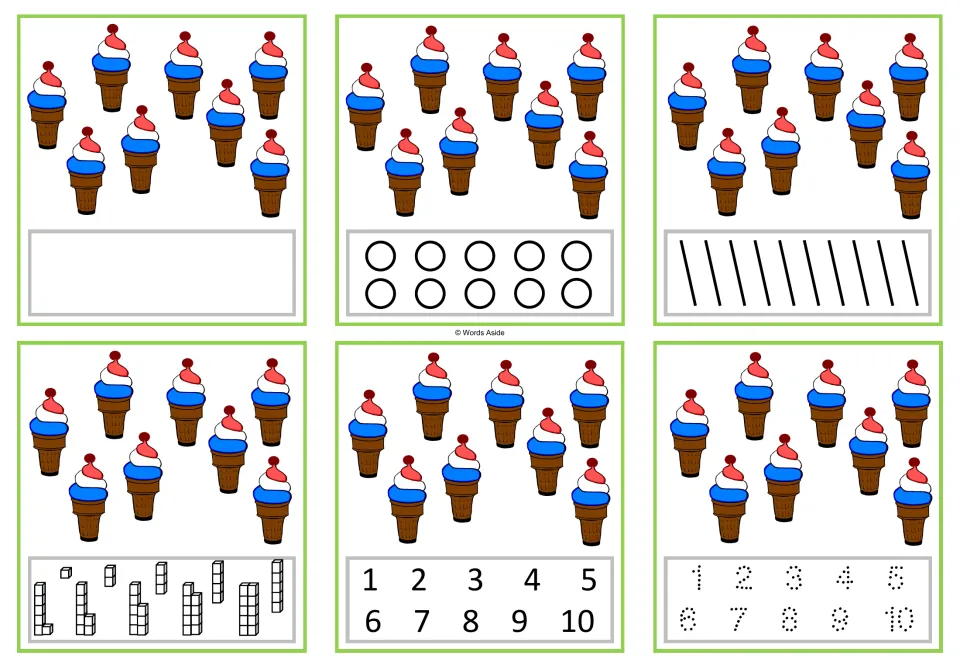 Six counting cards for 8: eight ice cream cones on each, with writing, marking, cube, and numeral responses.