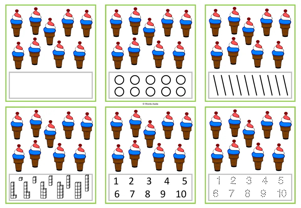 Six counting cards for 9: nine ice cream cones on each, with writing, marking, cube, and numeral responses.