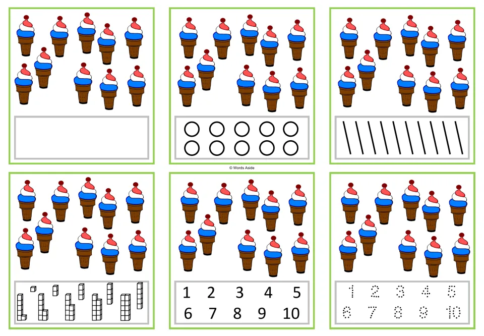 Six counting cards for 10: ten ice cream cones on each, with writing, marking, cube, and numeral responses.