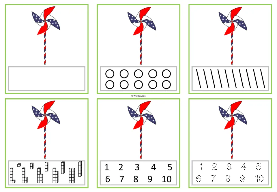 Number 1 task cards: six versions with one pinwheel each, including counting dots and numerals 1–10