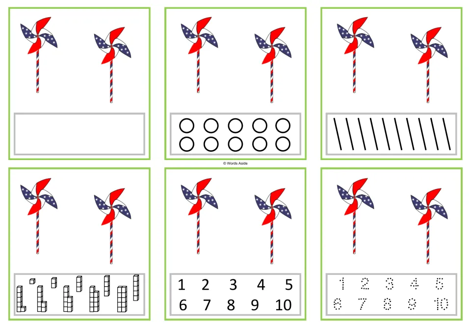 Number 2 task cards: six versions with two pinwheels each, including counting dots and numerals 1–10
