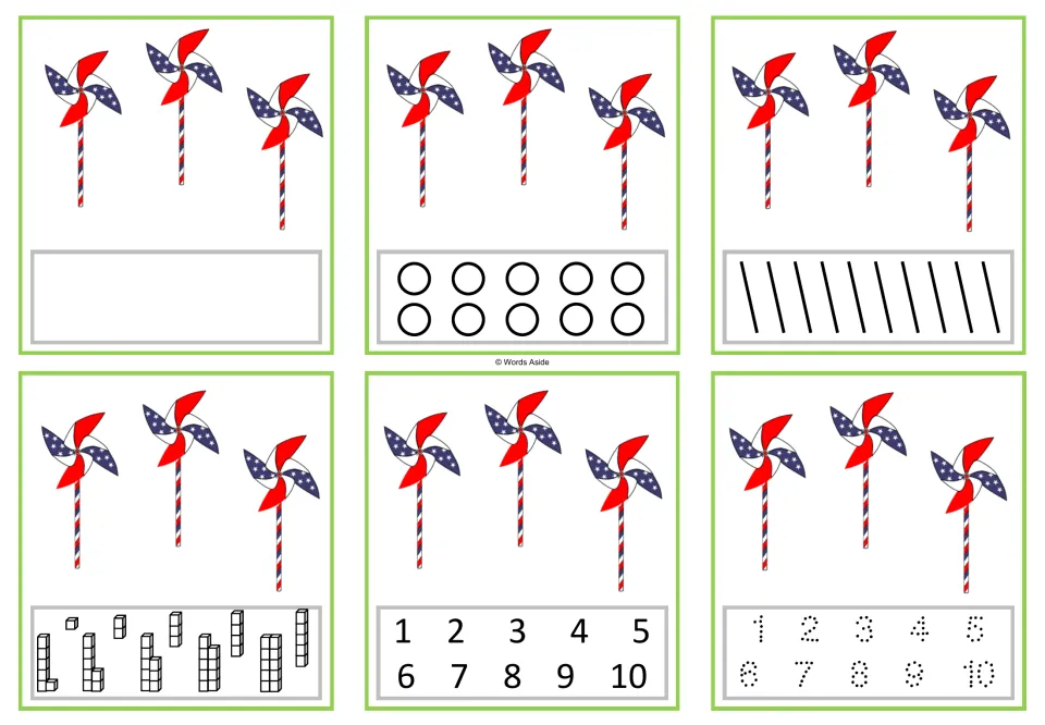 Number 3 task cards: six versions with three pinwheels each, including counting dots and numerals 1–10