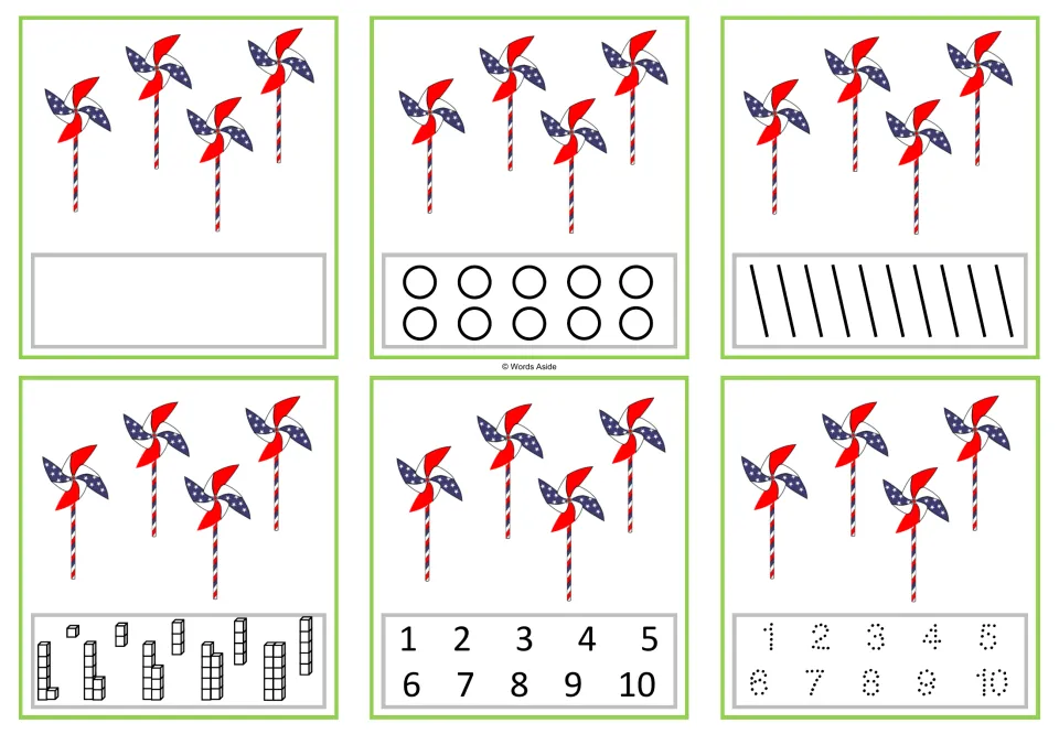 Number 4 task cards: six versions with four pinwheels each, including counting dots and numerals 1–10