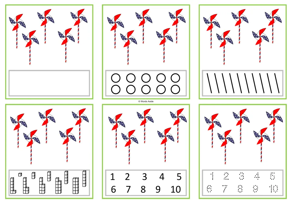 Number 5 task cards: six versions with five pinwheels each, including counting dots and numerals 1–10