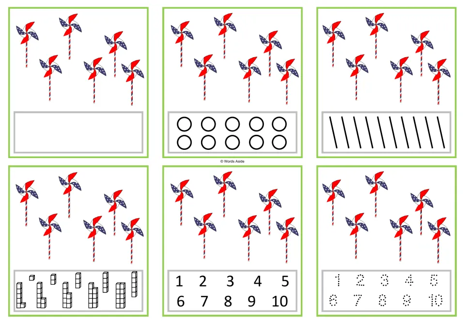 Number 6 task cards: six versions with six pinwheels each, including counting dots and numerals 1–10