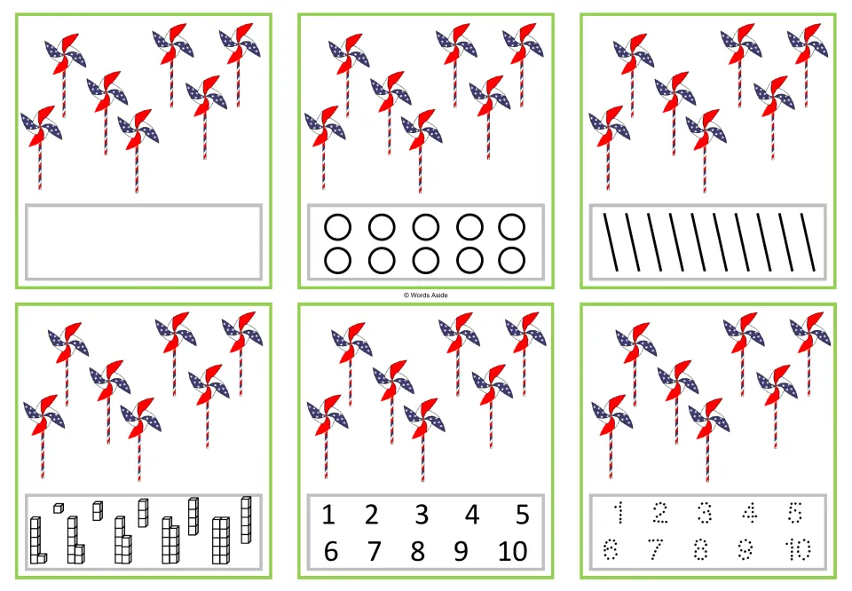 Number 7 task cards: six versions with seven pinwheels each, including counting dots and numerals 1–10