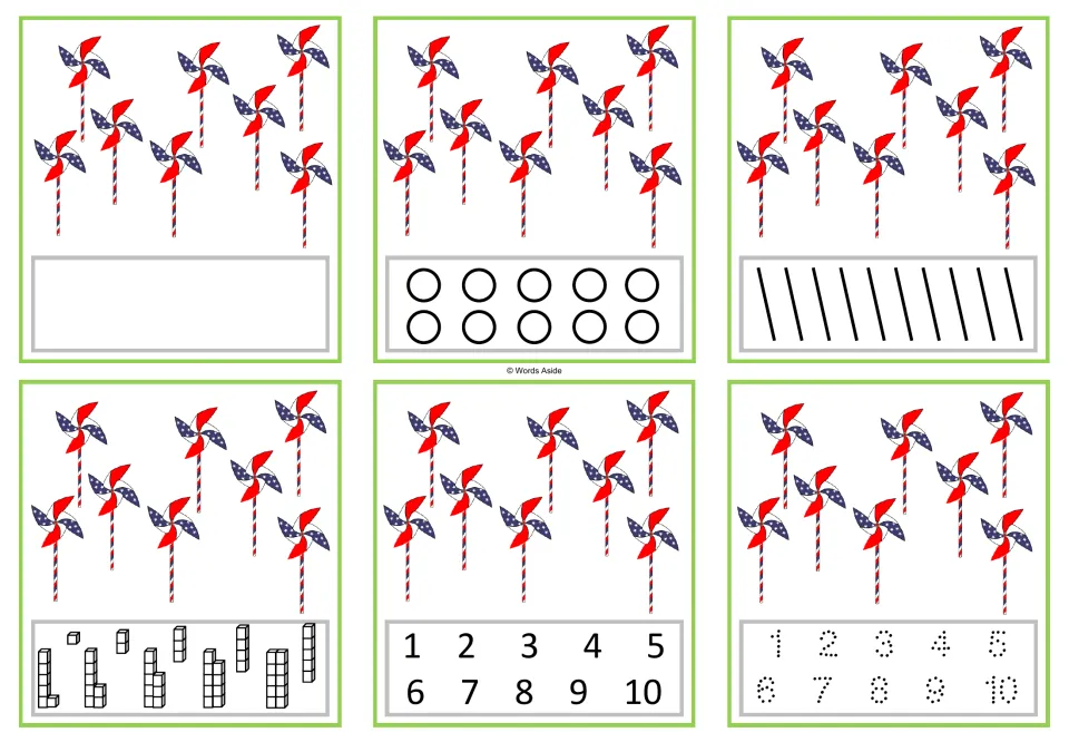 Number 8 task cards: six versions with eight pinwheels each, including counting dots and numerals 1–10