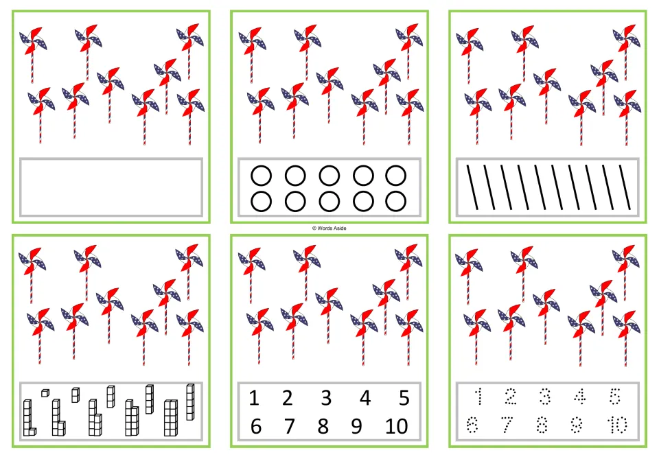 Number 9 task cards: six versions with nine pinwheels each, including counting dots and numerals 1–10