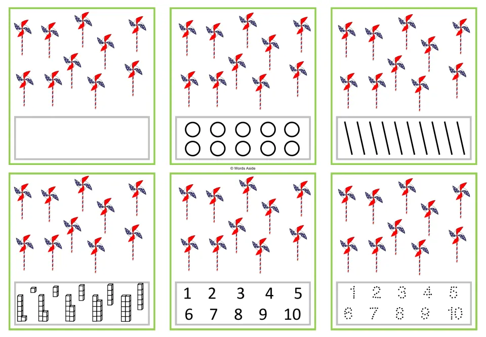 Number 10 task cards: six versions with ten pinwheels each, including counting dots and numerals 1–10