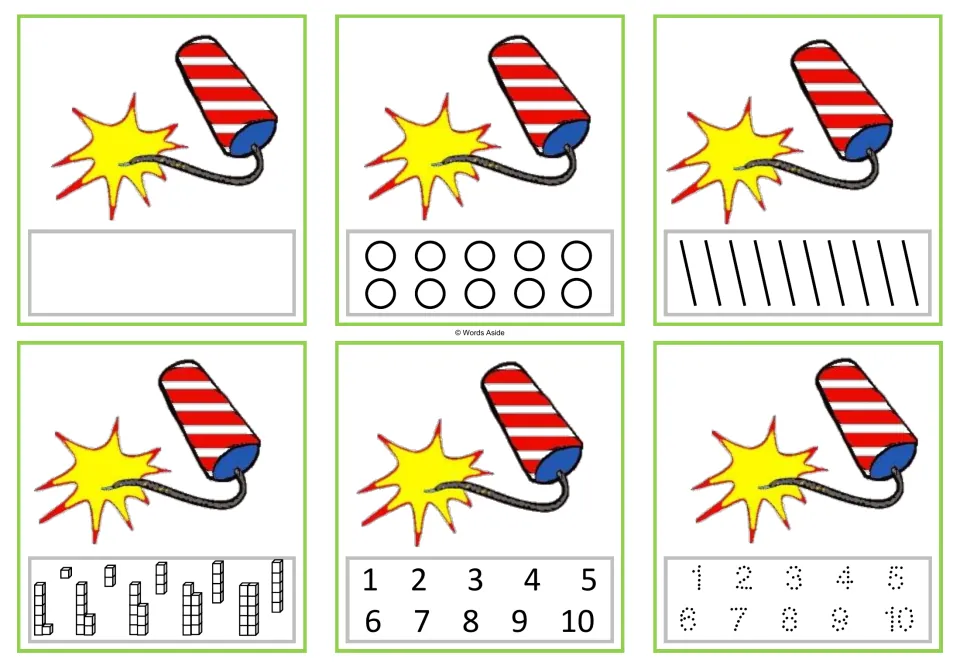 Six number task cards for 1: one firecracker each, with counting, numeral selection, and tracing formats.