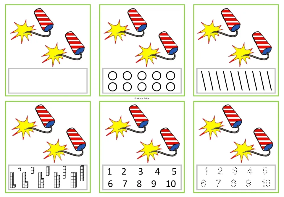 Six number task cards for 2: two firecrackers each, with counting, numeral selection, and tracing formats.