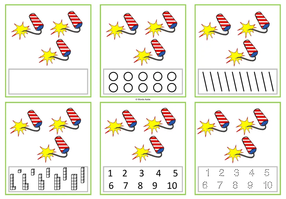 Six number task cards for 3: three firecrackers each, with counting, numeral selection, and tracing formats.