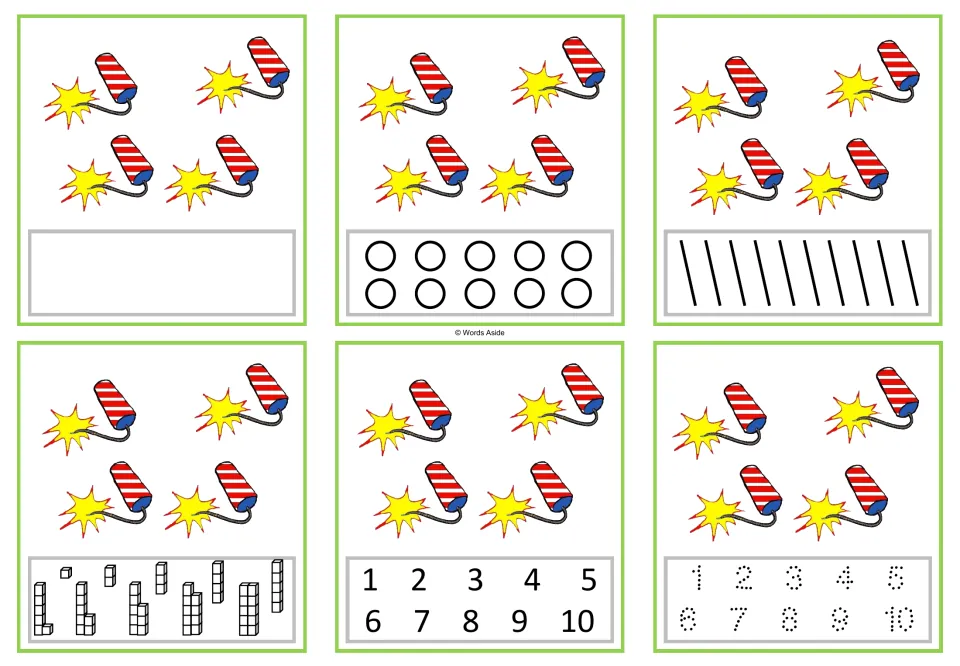 Six number task cards for 4: four firecrackers each, with counting, numeral selection, and tracing formats.